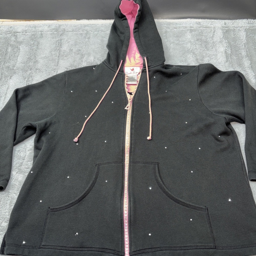 Quacker Factory Embellished Studded Full Zip Black/pink Hoodie Womens XL